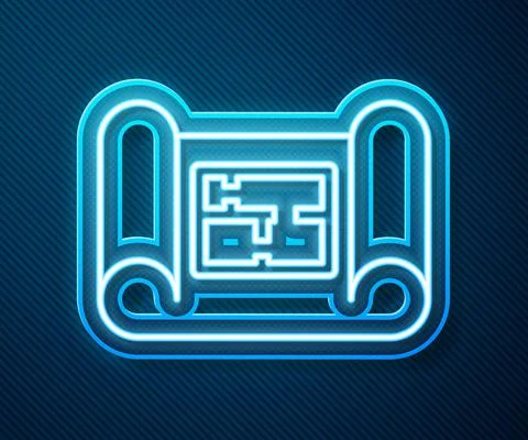 Glowing neon line House plan icon isolated on blue background. Vector Stock Illustration