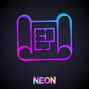 Glowing neon line House plan icon isolated on black background. Vector Ilustración de archivo