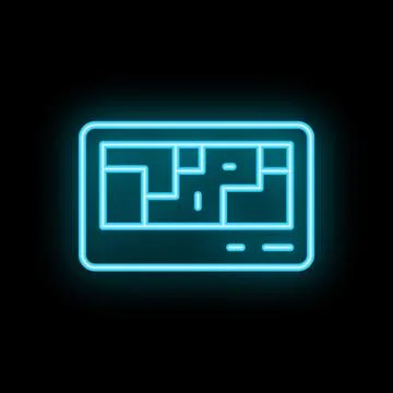 Glowing neon line house plan icon isolated on black background Stock Illustration