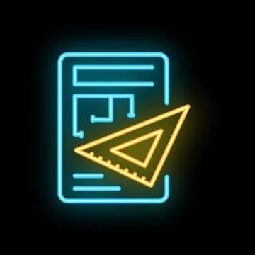 Glowing neon line house plan and triangle ruler icon illustrating architect.. Ilustración de archivo
