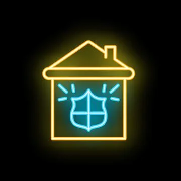 Glowing neon line house with shield icon isolated on black background. Home s Stock Illustration
