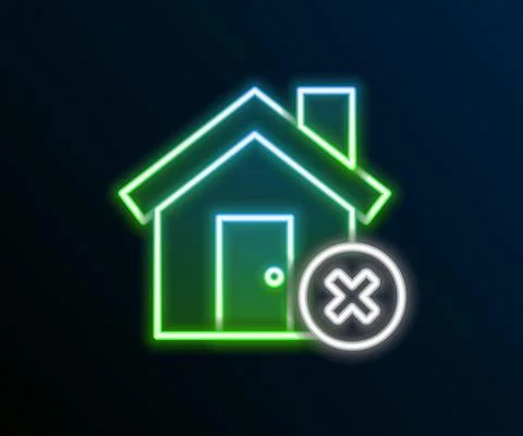 Glowing neon line House with wrong mark icon isolated on black background. Home Stock Illustration