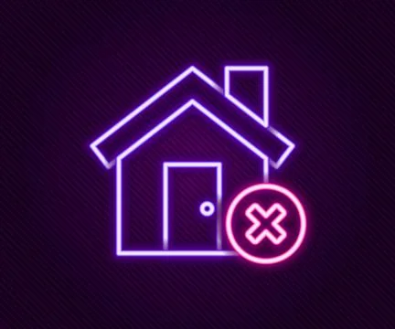 Glowing neon line House with wrong mark icon isolated on black background. Home Stock Illustration
