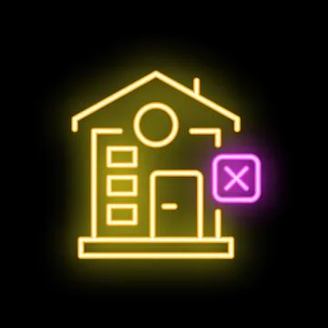 Glowing neon line house with wrong mark icon isolated on black background v.. Stock Illustration