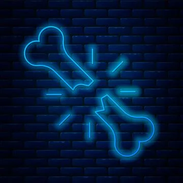 Glowing neon line Human broken bone icon isolated on brick wall background Illustrazione stock