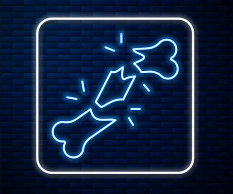 Glowing neon line Human broken bone icon isolated on brick wall background Stock Illustration