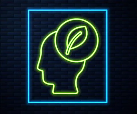 Glowing neon line Human head with leaf inside icon isolated on brick wall Stock Illustration