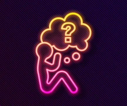 Glowing neon line Human head with question mark icon isolated on black back.. Stock Illustration