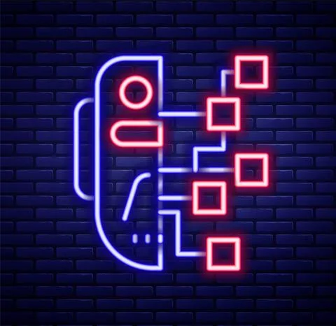 Glowing neon line Humanoid robot icon isolated on brick wall background Illustrazione stock