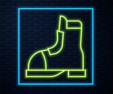 Glowing neon line Hunter boots icon isolated on brick wall background. Vector Stock Illustration