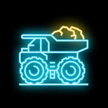 Glowing neon line icon of a mining dump truck carrying coal or ore Stock Illustration