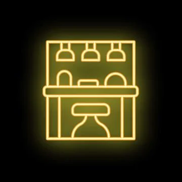 Glowing neon line icon representing a coffee house bar counter with chairs, i Illustrazione stock
