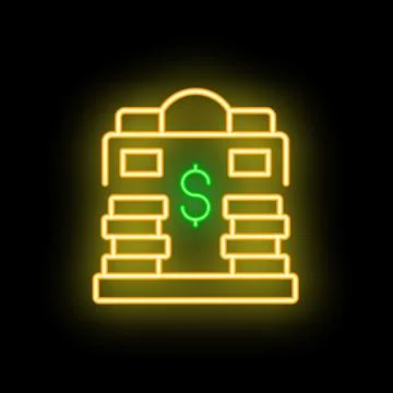 Glowing neon line icon representing a bank building with a dollar symbol on i Ilustración de archivo