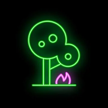 Glowing neon line icon of a tree burning in fire isolated on a black backgrou Illustrazione stock