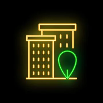 Glowing neon line icon of two buildings and a location pin with a leaf inside Ilustración de archivo