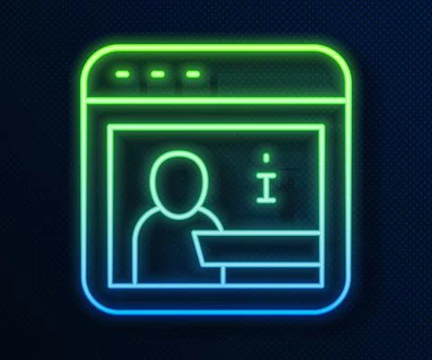 Glowing neon line Information icon isolated on blue background. Vector Stock Illustration