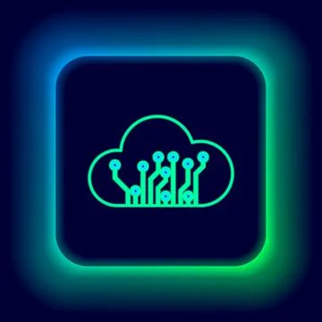 Glowing neon line Internet of things icon isolated on black background. Cloud Illustrazione stock