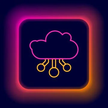 Glowing neon line Internet of things icon isolated on black background. Cloud Illustrazione stock