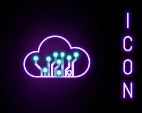 Glowing neon line Internet of things icon isolated on black background. Cloud Stock Illustration