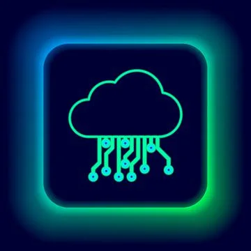 Glowing neon line Internet of things icon isolated on black background. Cloud Illustrazione stock