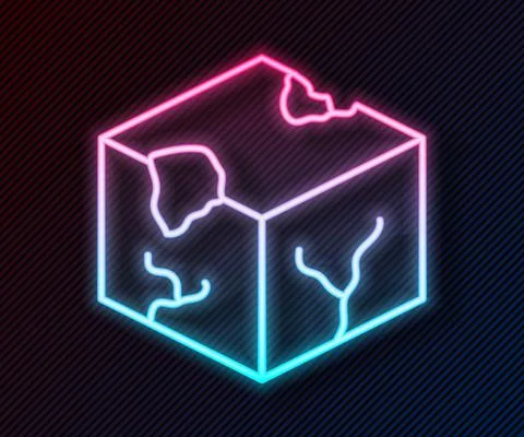 Glowing neon line Isometric cube icon isolated on black background. Geometric Illustrazione stock