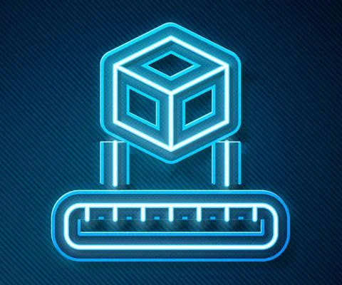 Glowing neon line Isometric cube icon isolated on blue background. Geometric Stockillustratie