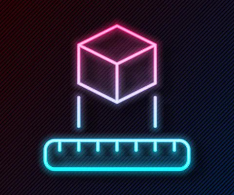 Glowing neon line Isometric cube icon isolated on black background. Geometric イラスト素材