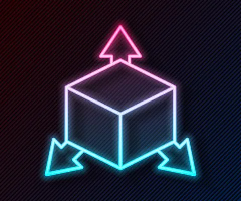 Glowing neon line Isometric cube icon isolated on black background. Geometric Stock Illustration