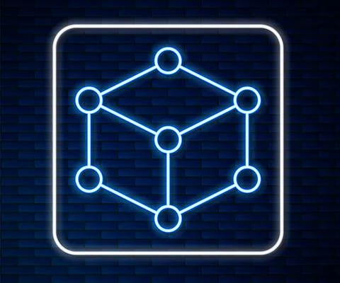 Glowing neon line Isometric cube icon isolated on brick wall background イラスト素材