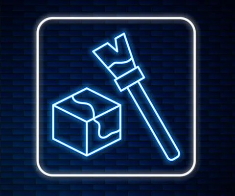 Glowing neon line Isometric cube icon isolated on brick wall background Stockillustratie