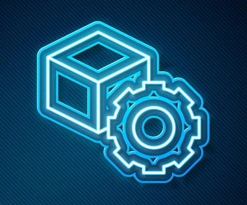 Glowing neon line Isometric cube icon isolated on blue background. Geometric イラスト素材