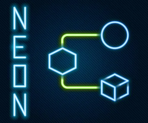 Glowing neon line Isometric cube icon isolated on black background. Geometric イラスト素材