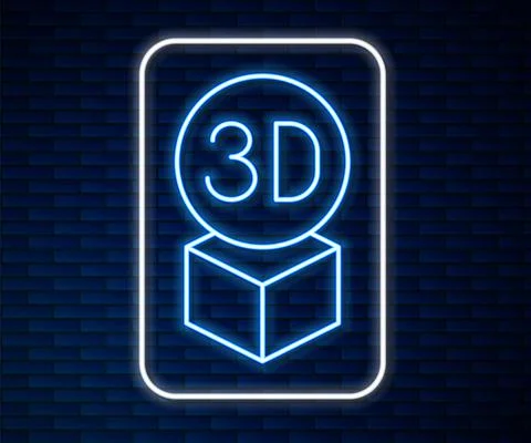 Glowing neon line Isometric cube icon isolated on brick wall background Stock Illustration