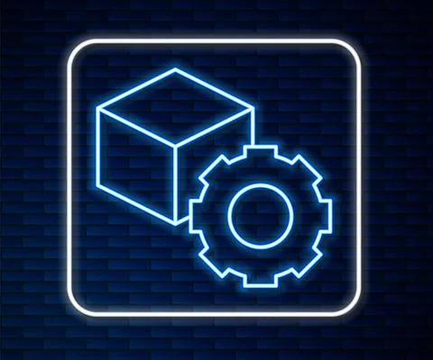 Glowing neon line Isometric cube icon isolated on brick wall background Stock Illustration