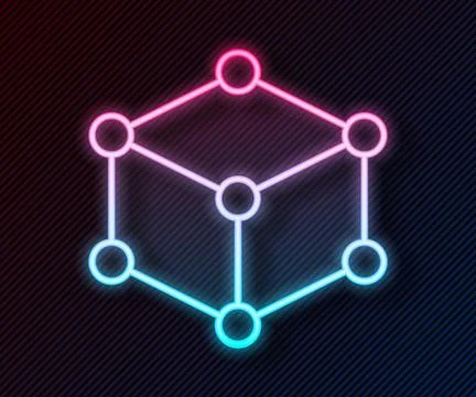 Glowing neon line Isometric cube icon isolated on black background. Geometr.. イラスト素材