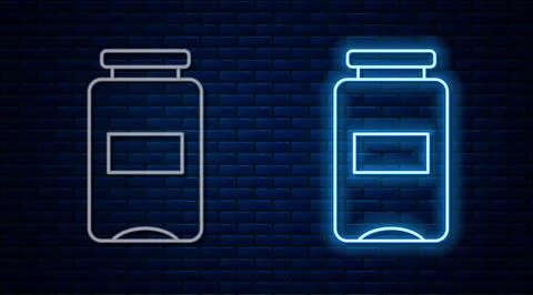 Glowing neon line Jam jar icon isolated on brick wall background.  Vector Stock Illustration