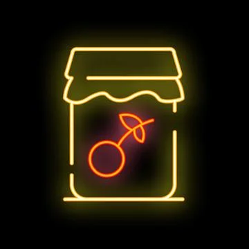 Glowing neon line jar of cherry jam on black background icon Stock Illustration