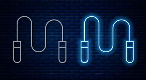 Glowing neon line Jump rope icon isolated on brick wall background. Skipping Illustrazione stock