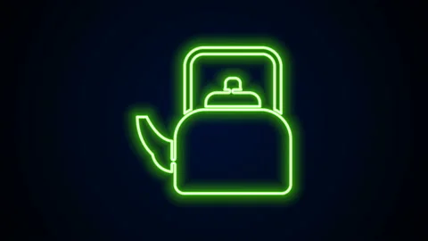 Glowing neon line Kettle with handle icon isolated on black background. Teapot Stock Footage 142333324
