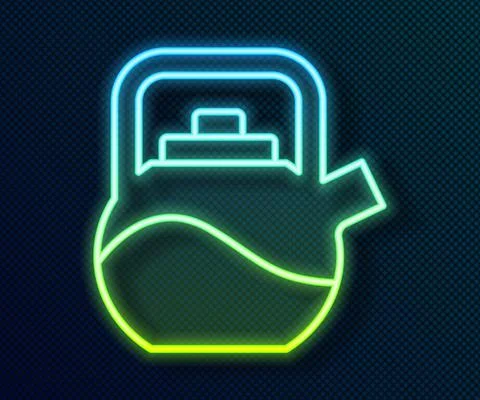 Glowing neon line Kettle with handle icon isolated on black background. Teapot Illustration