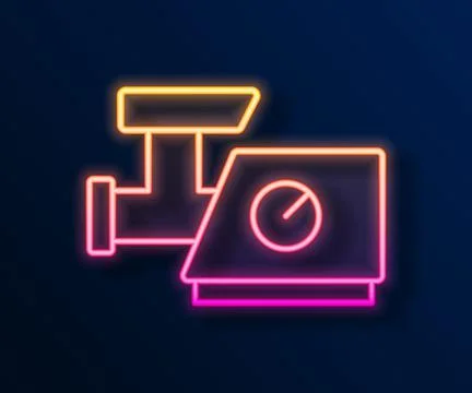 Glowing neon line Kitchen meat grinder icon isolated on black background.  Ve Stock Illustration