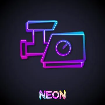 Glowing neon line Kitchen meat grinder icon isolated on black background.  Ve Stock Illustration