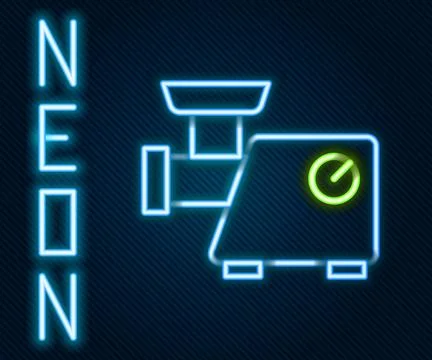 Glowing neon line Kitchen meat grinder icon isolated on black background. Col Stock Illustration