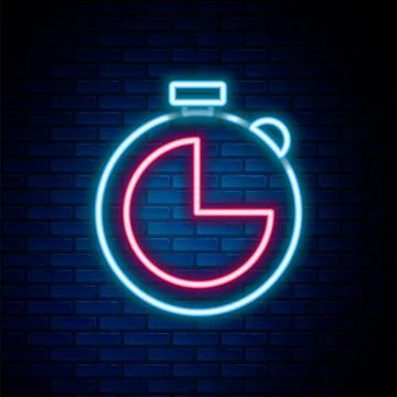 Glowing neon line Kitchen timer icon isolated on brick wall background. Cooking Illustrazione stock