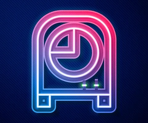 Glowing neon line Kitchen timer icon isolated on blue background. Cooking Illustrazione stock