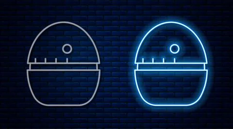 Glowing neon line Kitchen timer icon isolated on brick wall background. Egg イラスト素材