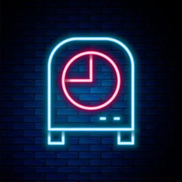 Glowing neon line Kitchen timer icon isolated on brick wall background. Cooking Illustrazione stock