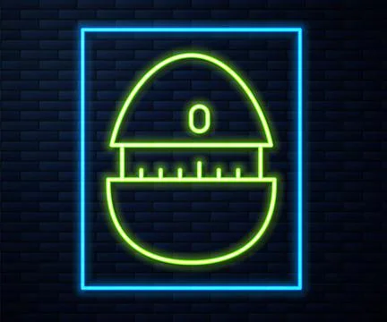Glowing neon line Kitchen timer icon isolated on brick wall background. Cooki Stock Illustration