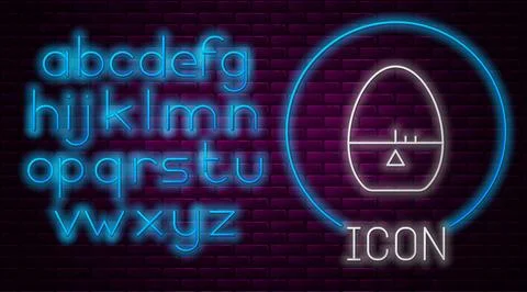 Glowing neon line Kitchen timer icon isolated on brick wall background. Egg t Illustrazione stock