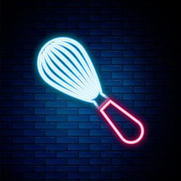 Glowing neon line Kitchen whisk icon isolated on brick wall background. Coo.. Stock Illustration